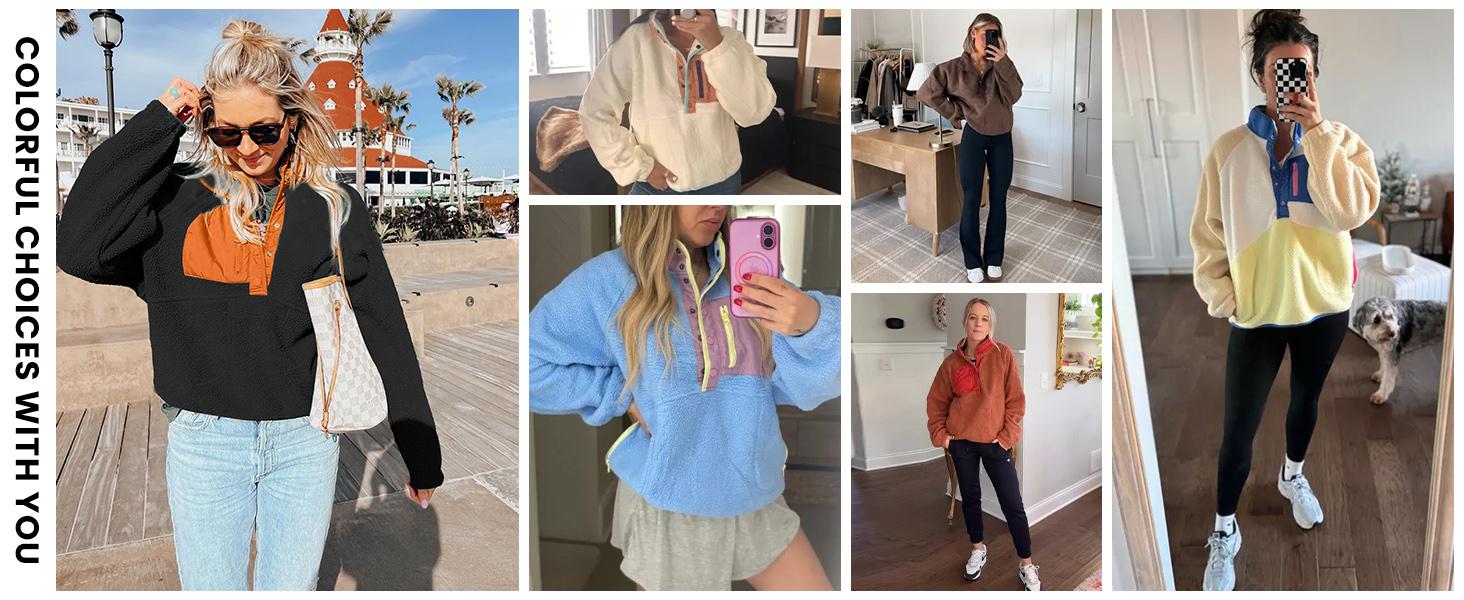 SCUSTY Women’s Lightweight Fleece Pullover Jacket Cropped Fall Winter Fuzzy Sherpa Jacket Sweatshirt Coat with Pockets