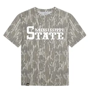 Mossy Oak Washed Out Camo Tee White Mississippi State Letter Printing Original Bottomland Pattern, Mississippi State Printing Mossy Oak Original Bottomland Short Sleeve Camo Shirt