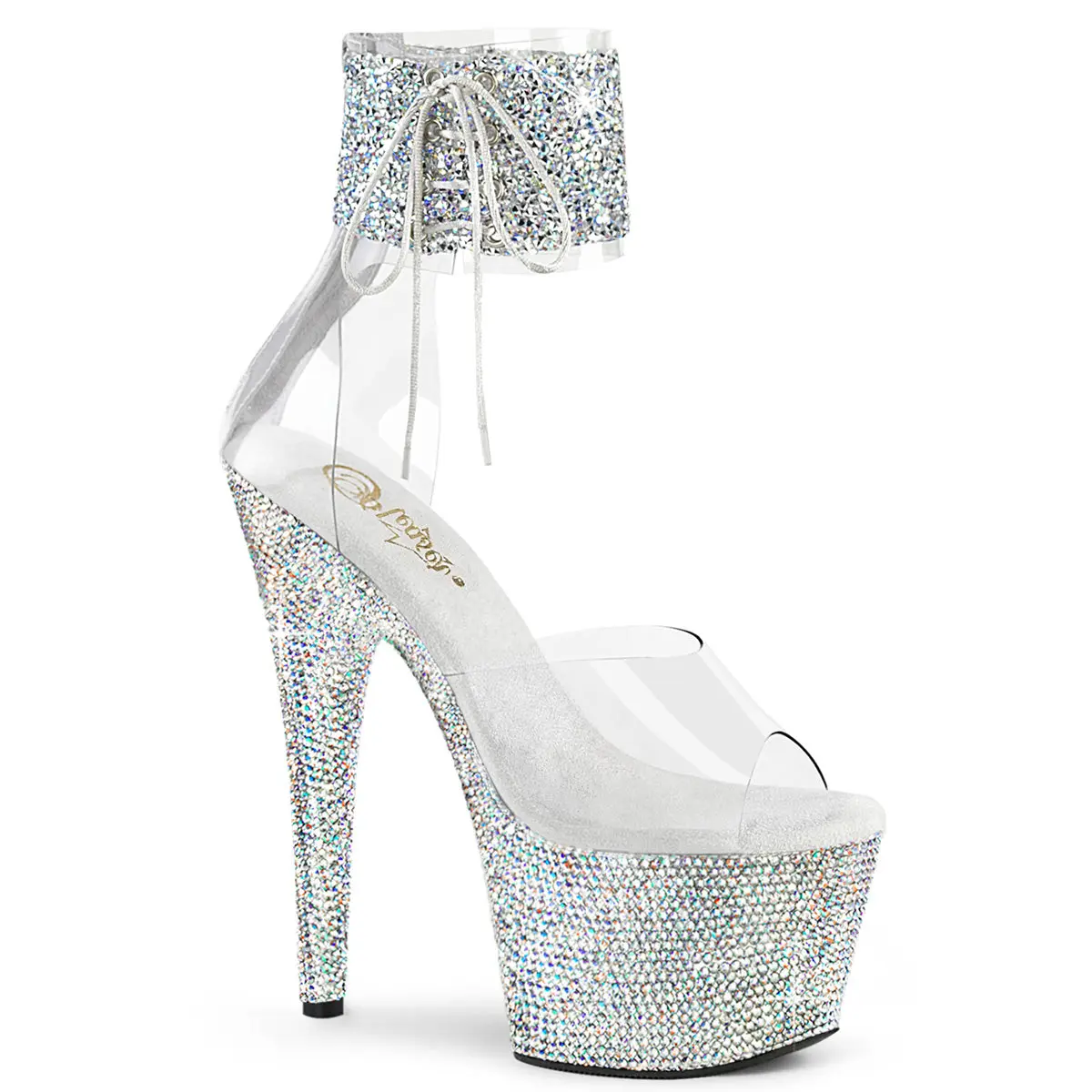 Women's Fashion High Heel Footwear - 7" Heel Rhinestone Glitter Platform Sandals, Elegant Ankle Cuff, Side Lacing, Back Zip (Sandals Women Style), Heeled