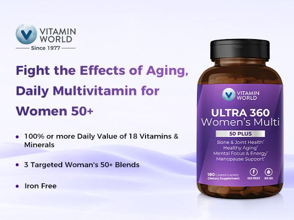 Vitamin World Ultra 360 Multivitamin for Women 50 Plus, Women's 50+ Multivitamin with Minerals & Herbs for Menopause Support, Supplement with Vitamin B, D, E & Zinc for Healthy Aging, Perfect Gift for Mother,180 Caplets Collagen Fitness Vitamin World Ultra 360 Multivitamin for Women 50 Plus, Women's 50+ Multivitamin with Minerals & Herbs for Menopause Support, Supplement with Vitamin B, D, E & Zinc for Healthy Aging, Perfect Gift for Mother,180 Caplets Collagen Fitness