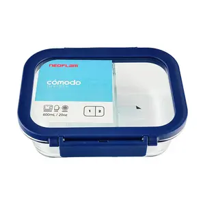 NEOFLAM COMODO 600ml Double Compartment Glass Lunch Box - Borosilicate Heat-Resistant, Leak-Proof Bento Box for Adults & Kids