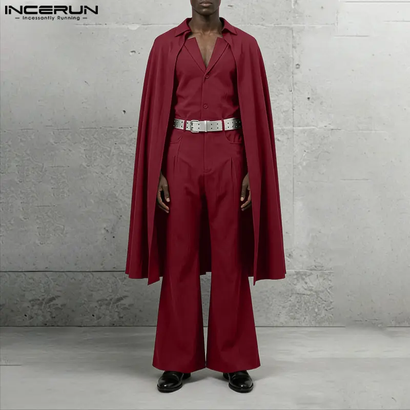 Royal Men's 3-Piece Formal Long-Sleeve 70s Retro Plain Wine-Red Cape Suit Set with Vest & Flared Trousers, for Runway Stage Performance, Red Carpet Events