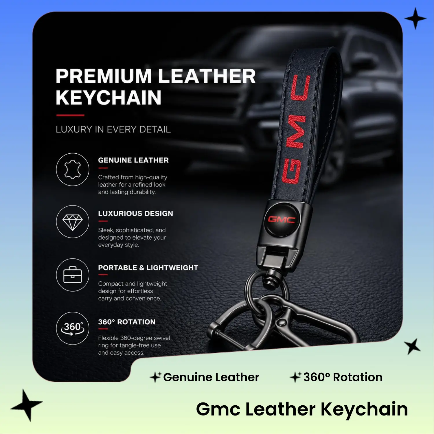 GMC Genuine Leather Car Keychain Set - Shine-Polished Metal Buckle, 360° Rotation, Smooth Luxury Key Protection Case, Automotive Interior Accessory, Birthday Gift