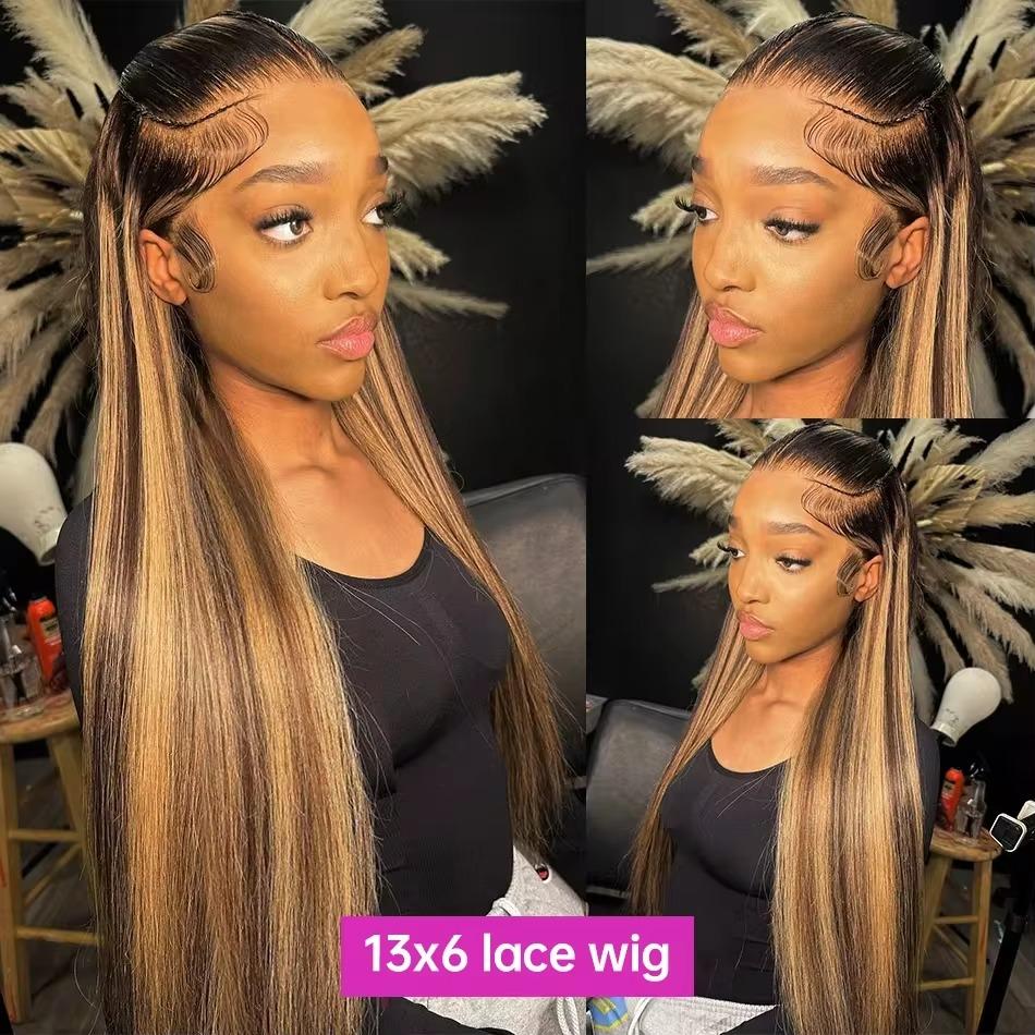 Highlight Wig 13x6 Hd Lace Frontal Wig Natural Hairline Pre Plucked P4/27 Ombre Colored Straight Human Hair Wig For Women