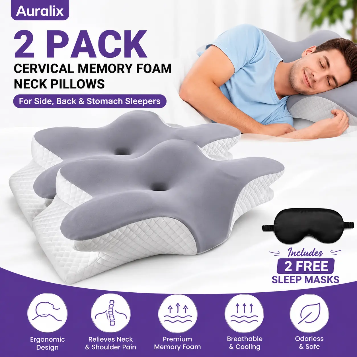 Auralix Pack of 2 Memory Foam Cervical Neck Pillows for Side Sleepers | Orthopedic Ergonomic Neck & Shoulder Pain Relief Pillows | Odorless | 2 Free Sleeping Masks