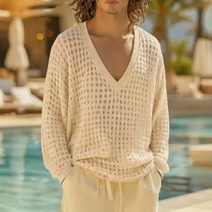 INCERUN Men's Fashion Menswear Tops - Boho Vacation V-Neck Crochet Mesh Relaxed Summer Knit Sweater,summervibes