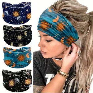 Moon & Sun 4pcs Set - Anti-Slip Knotting Headbands for Running Sports & Yoga, Soft Bohemian Hair Accessories for Valentine's Day