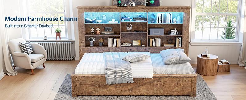AMERLIFE Twin Daybed with Bookcase Headboard, USB-C Charging, RGB Lights & 3 Drawers, No Box Spring Needed, Farmhouse Wood Bed Frame for Teens, Dorms, Guest Room, Black/Best Gift Ideas/Christmas Gifts