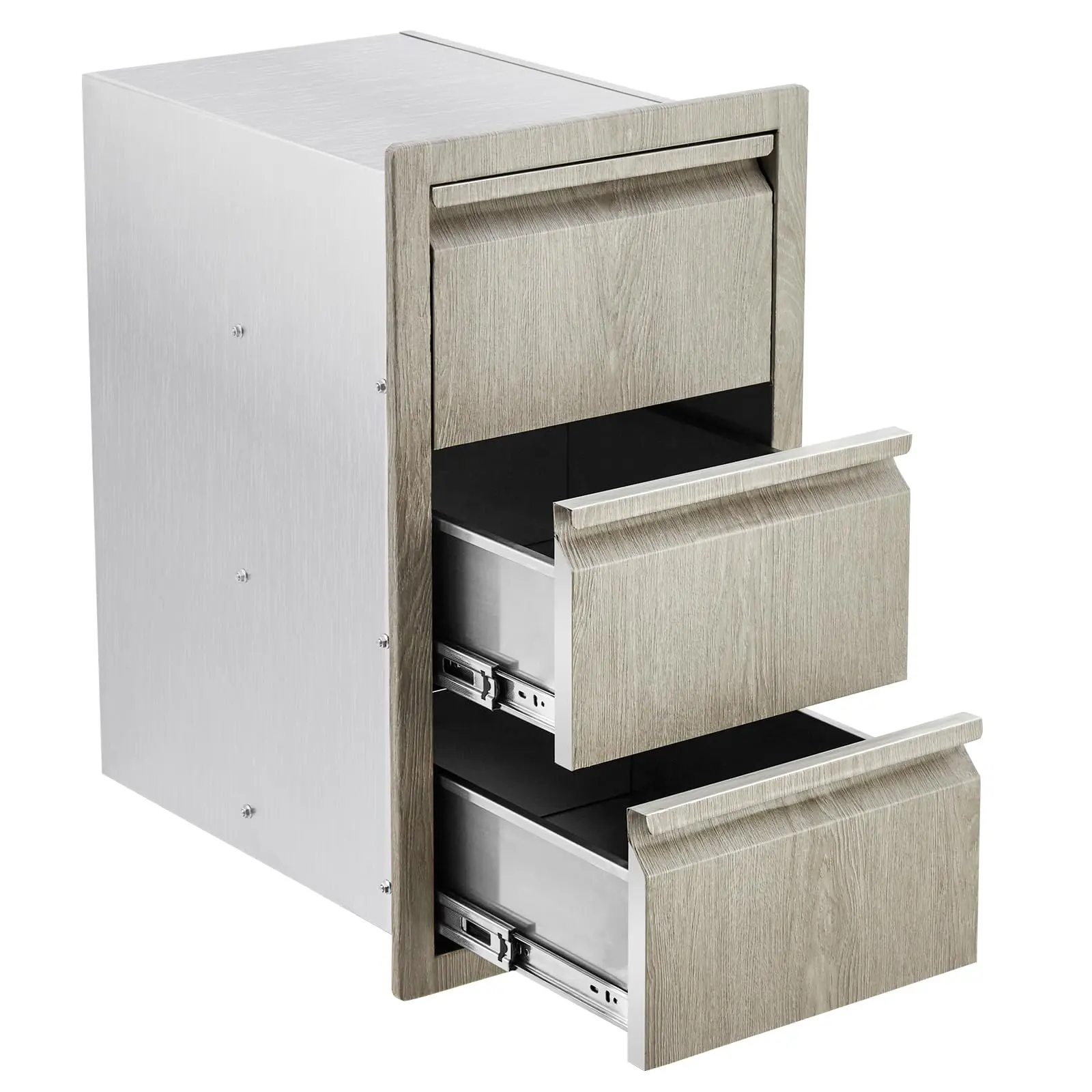 Stainless steel three-drawer outdoor kitchen cabinet, weather-resistant, flush mount with handles, 37.3 cm wide x 47 cm deep x 62 cm high, for BBQ island, patio grill and outdoor kitchen.