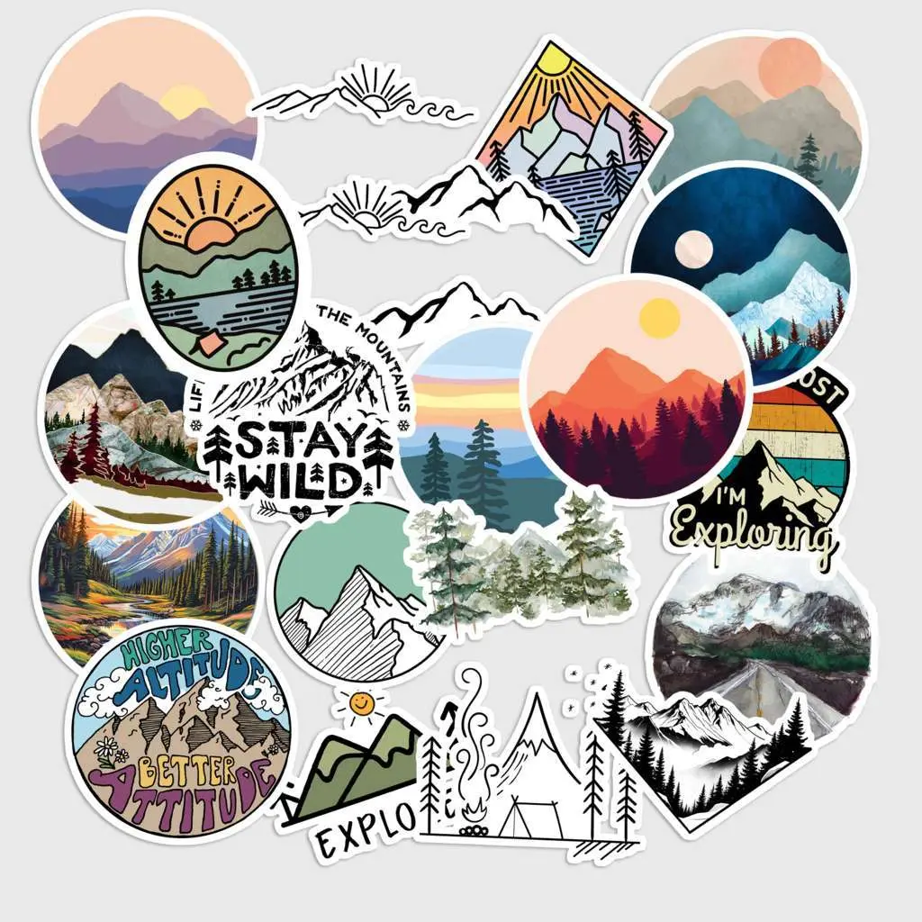 20 Pcs Mountain Stickers Pack - Nature Adventure Landscape Decals, Waterproof Vinyl Outdoor Wilderness Stickers for Laptop, Water Bottle - Hiker Gift