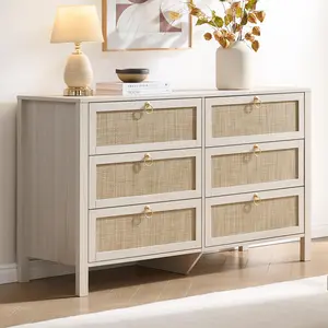 SICOTAS 6-Drawer Dresser, 51 Inch White Tall Dresser for Bedroom Storage, Large Rattan Chest of Drawers with Wide Top for TV Stand, Boho Farmhouse Cabinet for Living Room, Hallway & Closet Organization