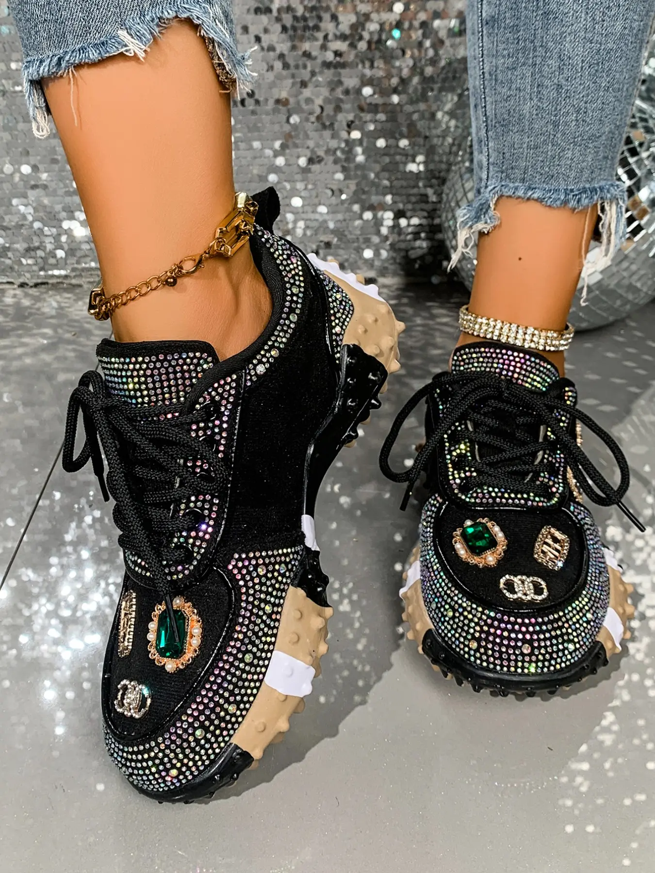 Women's Embroidered Rhinestone Sneakers, Comfortable Textile Upper, Rubber Sole, Low-Top Design, Casual All Season Shoes