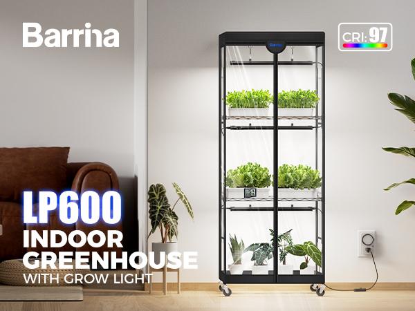 Barrina LP600 Indoor Greenhouse with Grow Light, 75W TX-S25 1.6FT 5000K, 4-Tier Plant Stand with Full Spectrum Lights, Plant Shelf with Tent, Timer & Thermometer for Seed Trays,Growth,23.6x13.8x59.1IN