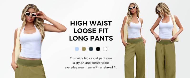 Fisoew Womens Wide Leg Pants Casual High Waist Baggy Track Pants Loose Fit Drawstring Cuffs Lounge Pant with Pockets