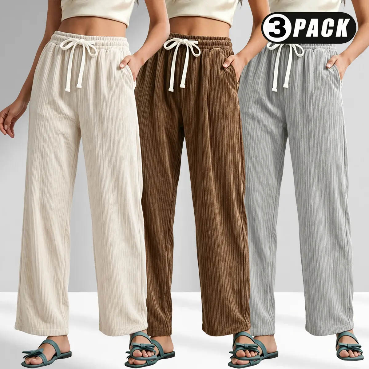 Women's Basic 3-Pack Soft Ribbed Relaxed Fit Polyester Bottom Pants, Adjustable Drawstring Waist, Side Pockets - Comfortable Lounge Pants for Home Use, Outdoor Leisure