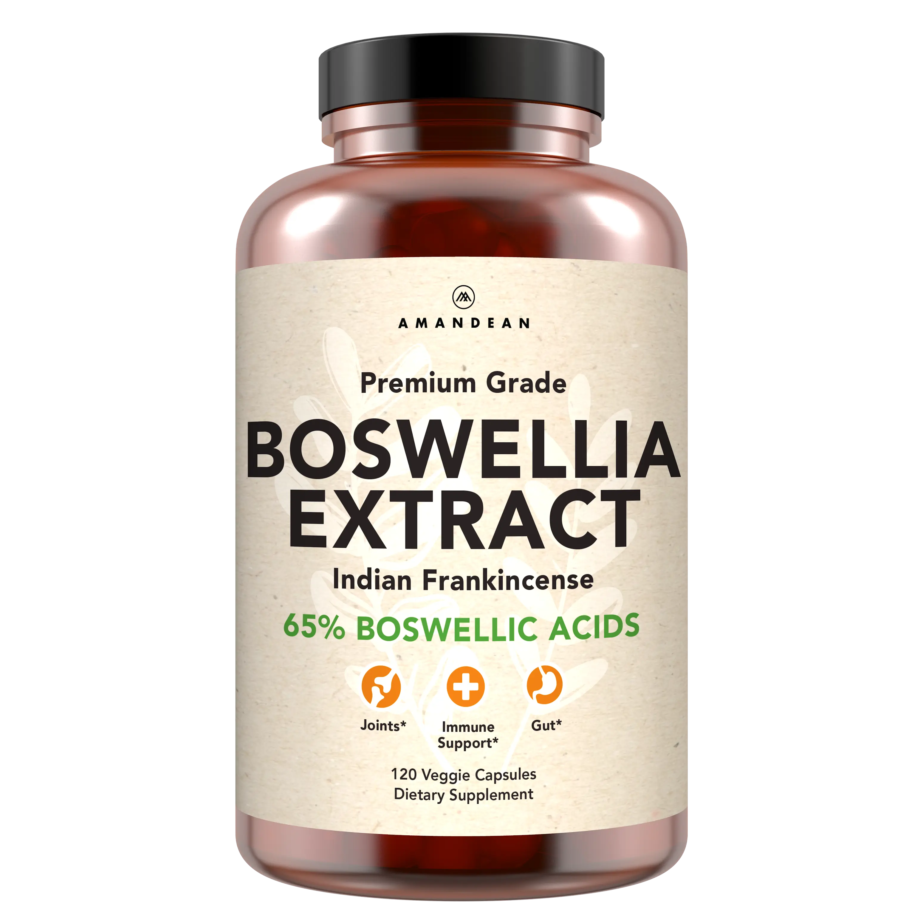 Amandean Premium Organic Boswellia Serrata Extract Dietary Supplement - 120 Veggie Capsules, 500mg per Capsule. Indian Frankincense with 65% Boswellic Acids
