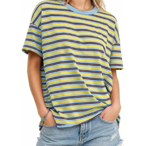 Fisoew Lady's Basic Colorful Striped Oversized Jersey T-Shirt - Crew Neck, Drop Shoulder, Short-Sleeve, Comfortable Loose Casual Summer Top,back to school,back to school shopping,clothes for back to school,first day of school outfits