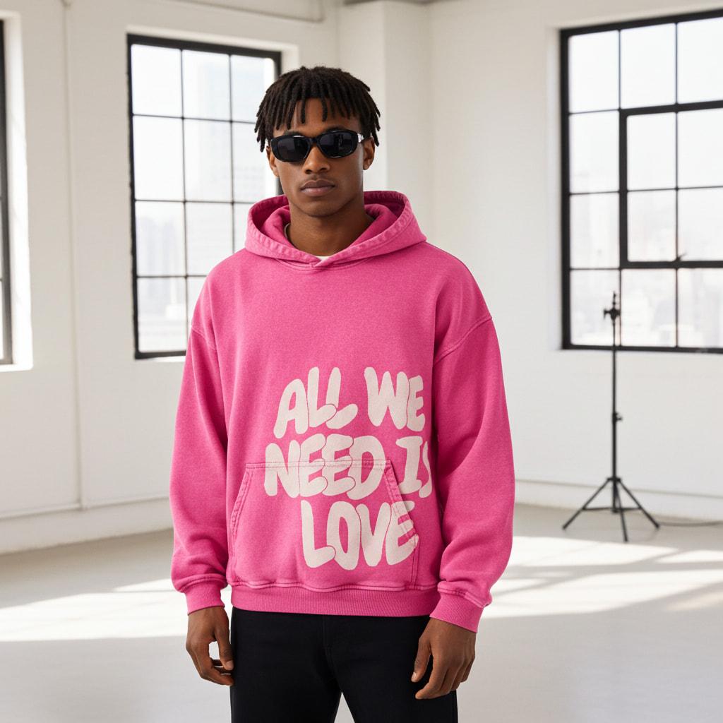 Sopula Studio Mens & Womens Tops All We Need Is Love Graphic Pink Vintage Washed Casual Pullover Cotton Hoodie