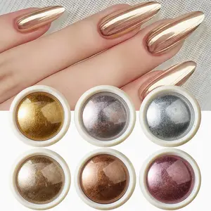Metallic Mirror Chrome Set 6 Pcs Magic Mirror Y2K Gold Silver Decorations Ultra-fine Smooth Holographic Effect Dip Nail Art Design Kit for DIY Nail Art