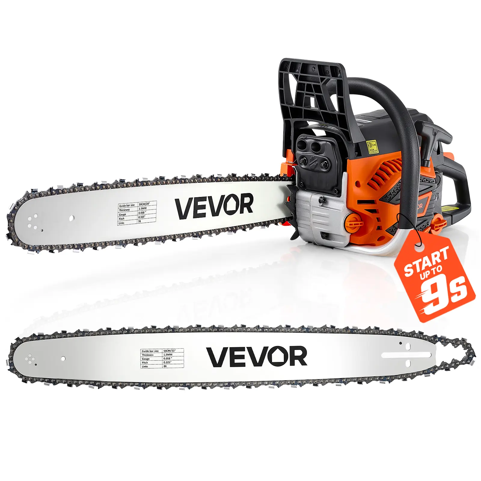 VEVOR Gas Powered Chainsaw, 20-22 Inch 62CC 3.8HP 2-Stroke Engine, Throttle-Sync Choke, Non-Slip Handle & Dual Tanks, for Wood Cutting & Tree Trimming