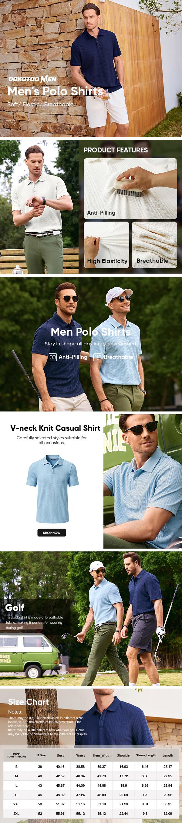 Dokotoo Men Polo Shirt Textured Short Sleeve Summer Button Collar Knitted Golf Polos
