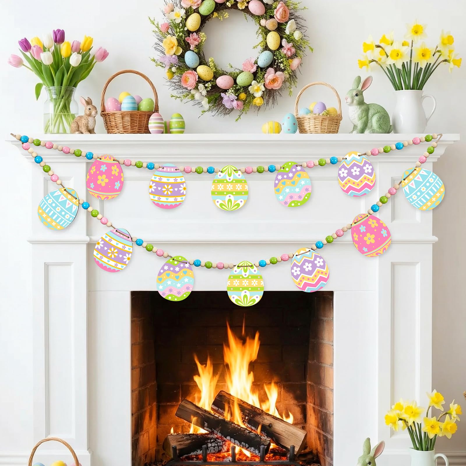 Easter Bunny Garland Wood Beads Banner Rustic Rabbits Hanging Garland with Beads, Bunny Eggs with Bow Door Wreath Garland for Mantle Fireplace Shelf Wall Doorway Display, Spring Home Decor, Easter Decor 2026 Easy Hang Indoor Outdoor Party Supplies & Gifts