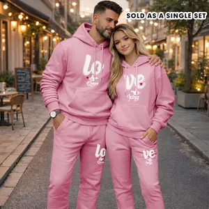 Couple's “Love Queen” and “Love King” Print Hoodie and Sweatpants Set (Sold as a Single Set), Casual Sportswear, Long-Sleeve Hooded Jacket and Pants, Suitable for Autumn, Winter, and Spring, Everyday Wear, Tracksuit