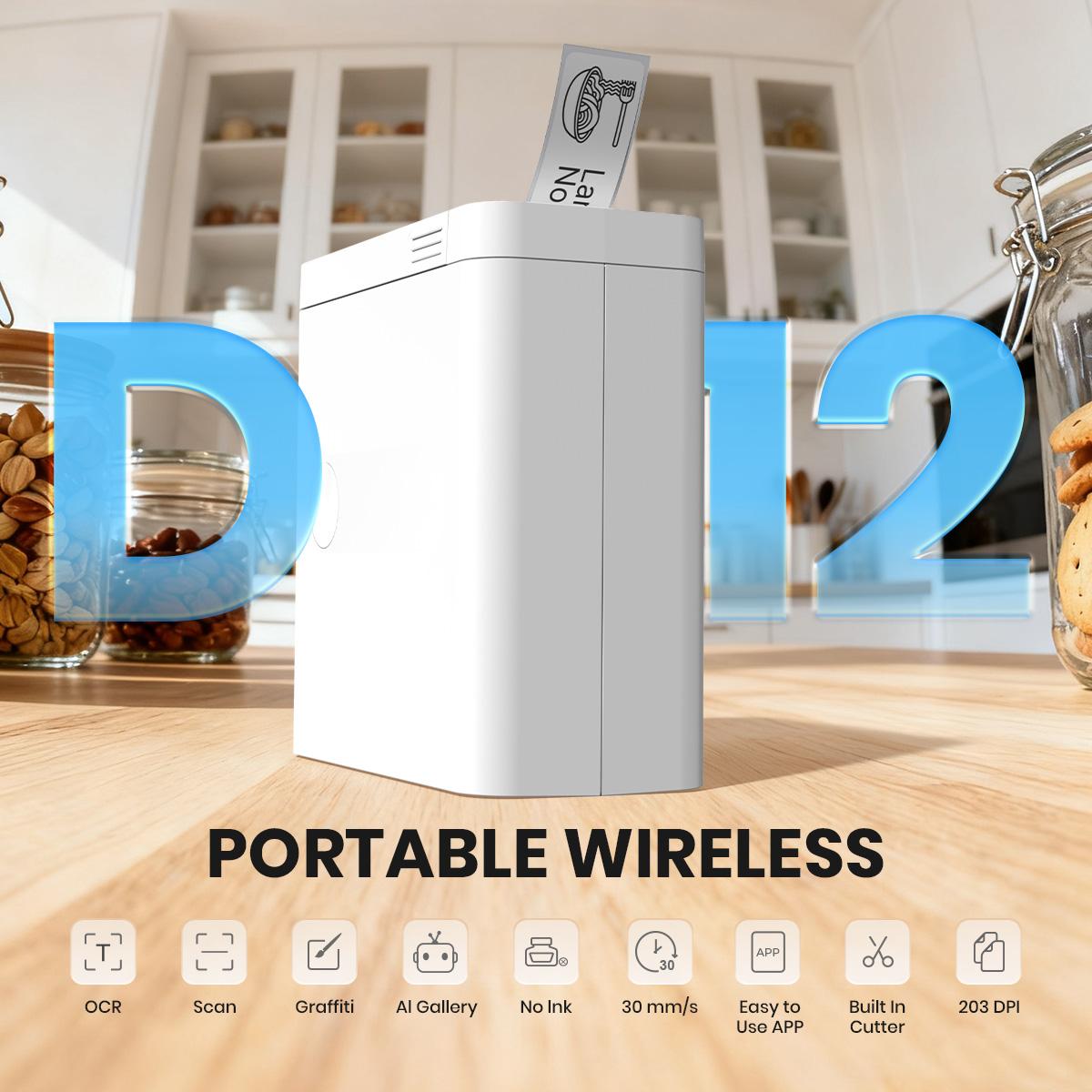 Portable Bluetooth Label Printer D12 Wireless Handheld Thermal Printer with Tape Mini Sticker Maker for Barcodes Storage Office Home Organization