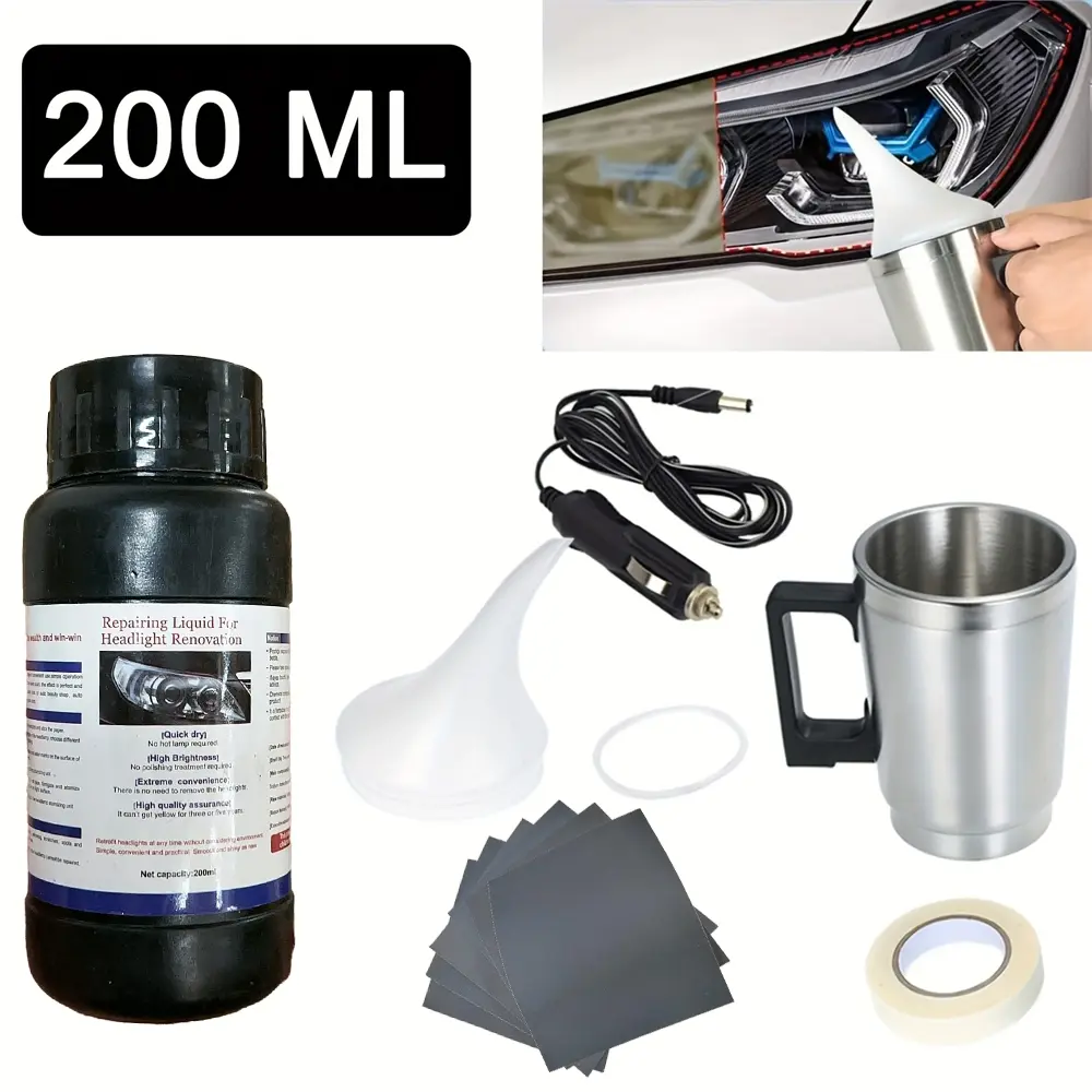 Car Headlight Restoration Kit with 200ml Brightening Repair Liquid & Heating Vapor Cup, Plug-In Headlight Lens Restorer, No-Polish Vapor Renewal Tool Set