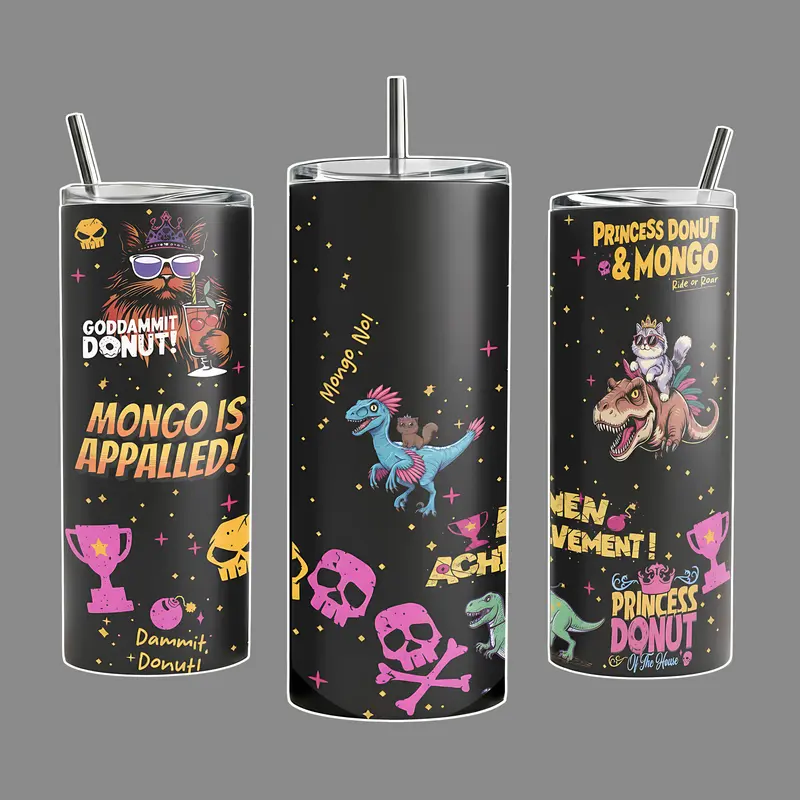 Princess Donut & Mongo Dungeon Crawler Carl Ride or Roar Stainless Steel Tumbler 20oz & 40oz with Handle | Mongo Is Appalled Edition