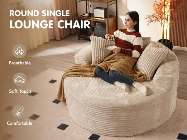 【2 Packages Shipping】Ovios 49" W Boneless Chaise Lounge and 59" W Oversized Round Sofa Bed - Sectional Sofa Set with Flexible Configuration, Plush Corduroy Fabric,No Assembly Required, 5 Pillows included