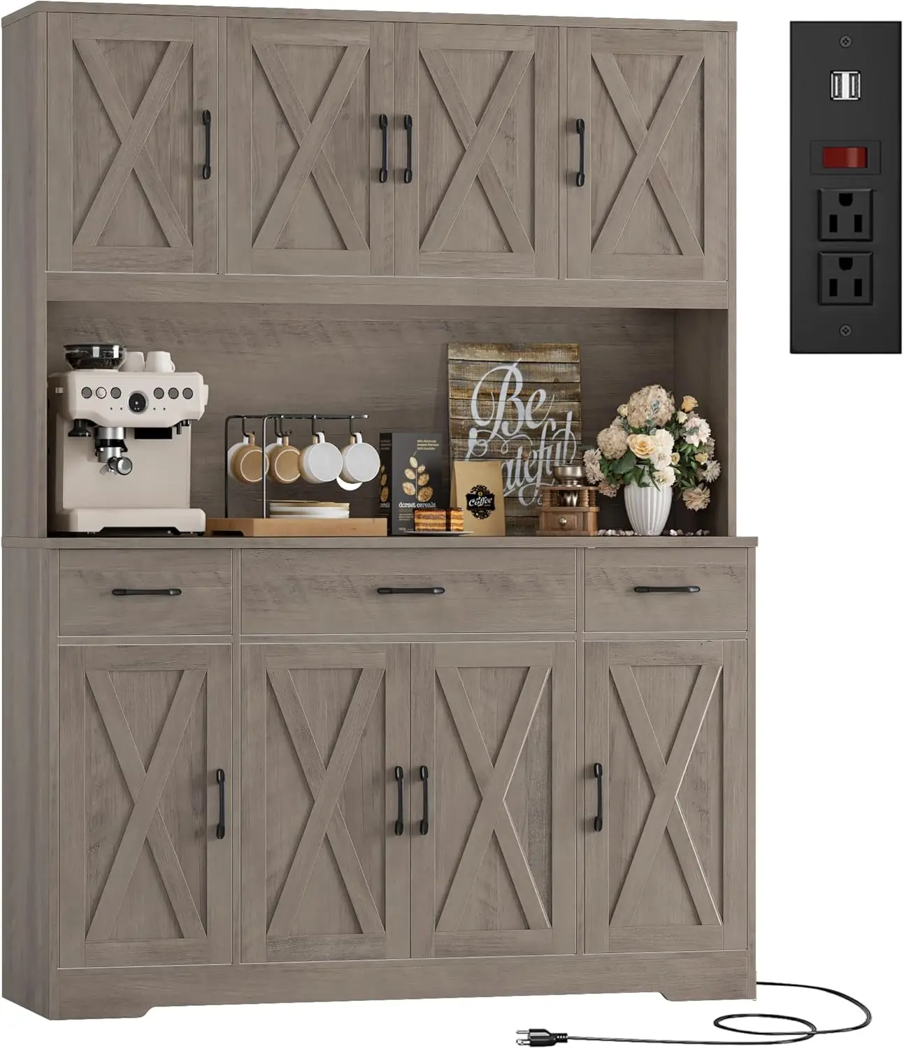 Ash Grey Modern Farmhouse Kitchen Cabinet - 71" Tall, 55" Wide MDF Wood Pantry with Charging Port & Station, Countertop, Drawers & Microwave Stand, Stable Large Capacity Tall Storage for Dining Room Home, Kitchen Cabinets