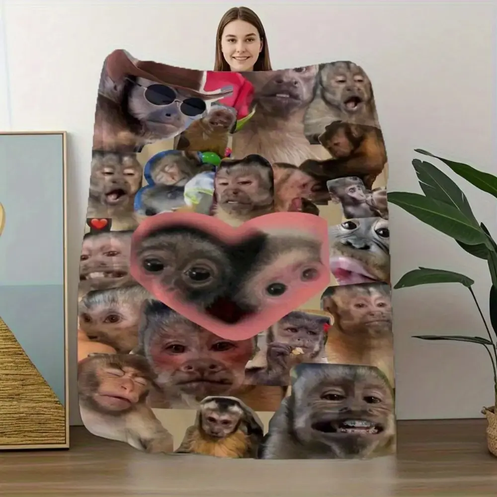 Monkey Heart Expressions Cozy Flannel Blanket - Soft Plush Throw with Expressive Monkey Faces (Surprise, Love, Happiness), Heart Accent - Lightweight Warm All-Season Blanket for Couch, Bed, Cozy Blanket