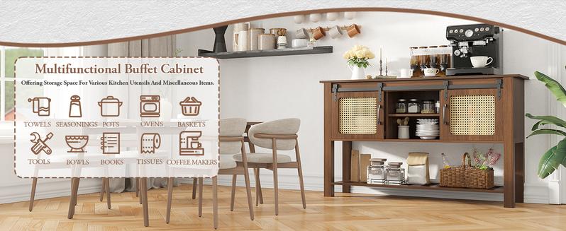 [Clearance Sale] AECOJOY Modern Buffet Cabinet Coffee Bar Storage with Rattan Barn Doors Adjustable Shelves & Bottom Open Shelf for Dining Room Kitchen Hallway
