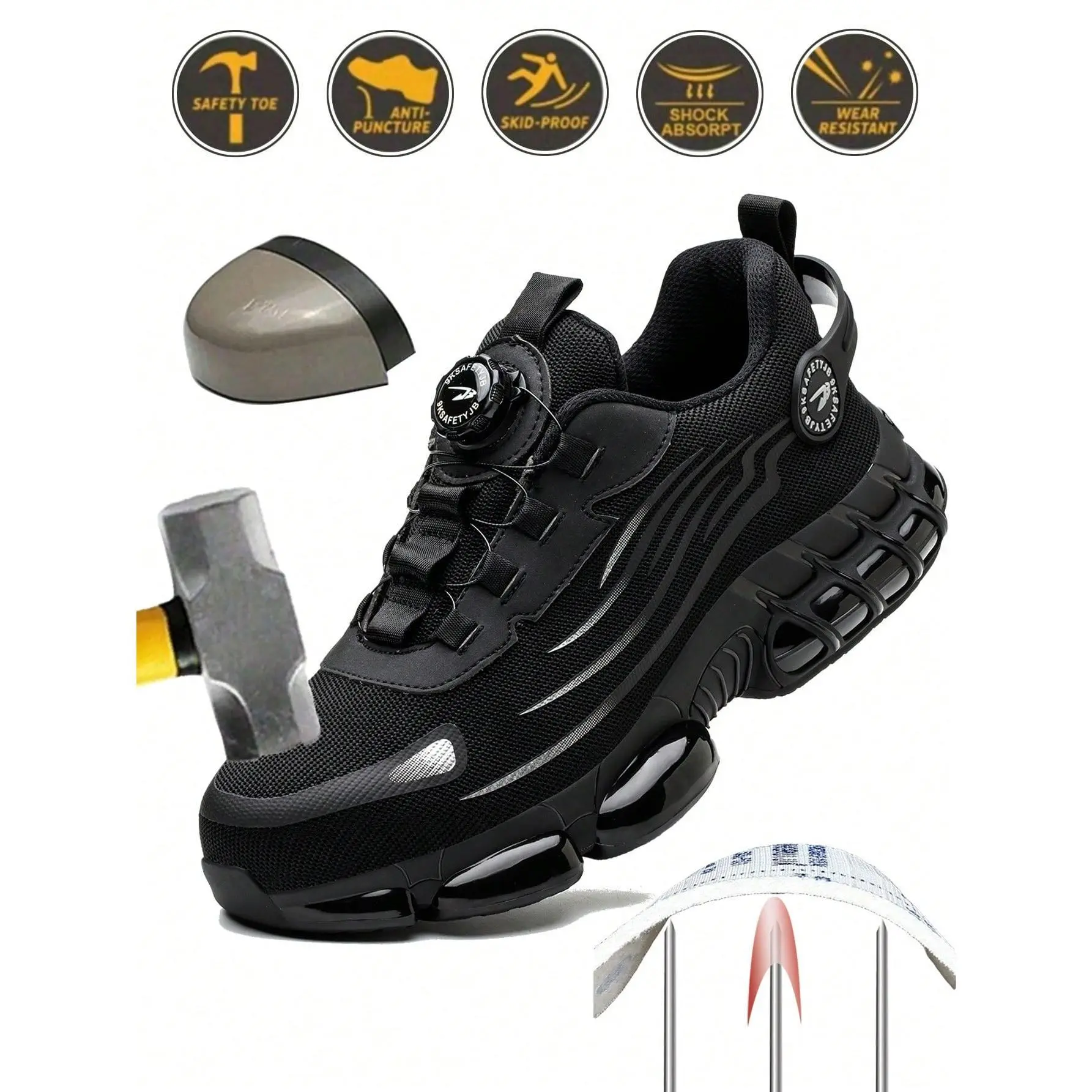 Men's Breathable Mesh Work Sneakers Durable Anti-Slip Safety Shoes with Steel Toe Protection Comfort Fit for All Seasons Casual Striped Design Elastic Closure Non-Slip EVA Sole Outdoorfun Fathersdaygift non slip work shoes steel toe shoes - Worker