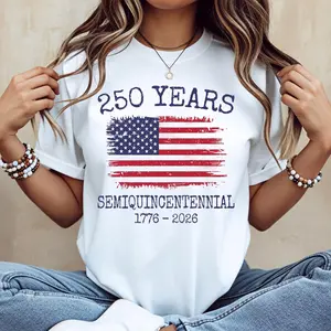 Cotton casual crew neck short sleeve T-shirt, regular fit, American flag design, summer wear, machine washable, not dry clean, made in USA, commemorating the 250th anniversary (semiquincentennial) of 1776–2026
