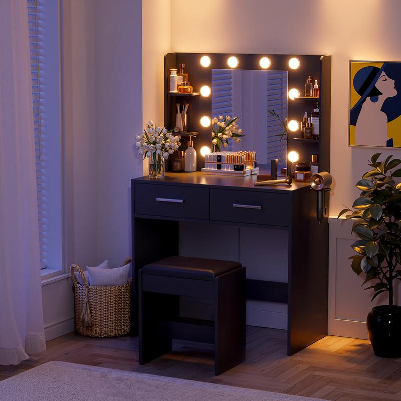 FURMAX Makeup Vanity Set with Lighted Mirror, Makeup Vanity with 2 Drawers, Vanity Desk with Chair for Bedroom & Dressing Room