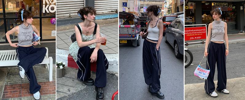 Ommig Women's Parachute Wideleg Pants Baggy Y2K Elastic Waist Wide Leg Track Pants Trousers Casual