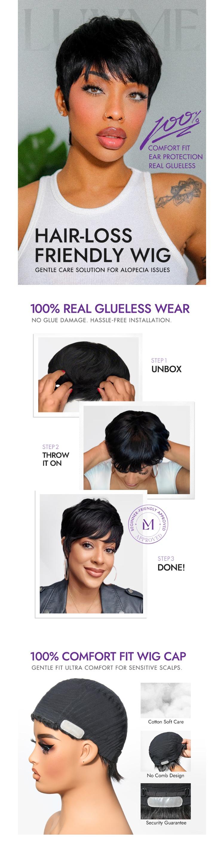 Luvme Throw On & Go Short Cut with Bangs Wig Ultra Comfort Cotton Cap Glueless Wig Hair Loss Friendly