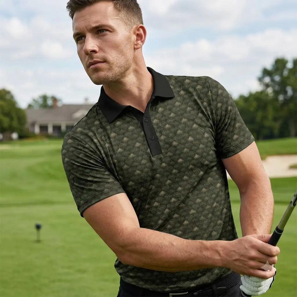 Turkey Feather Pattern Golf Polo Shirt for Men | Wild Turkey Tail Fan Camo Hunting Polo | Outdoor Performance Moisture Wicking Short Sleeve Shirt sohochic