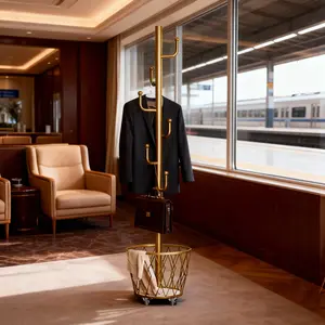 Freestanding Single Pole Garment Rack with Storage Basket & Hooks