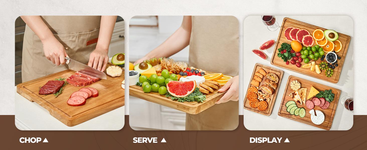 【NewYear2026】RosiRoli Wood Cutting Board Set- Small, Medium & Large Acacia Chopping Boards with Holder, Kitchen Wooden Cutting Board Set, Charcuterie Board Gift Set,Valentine’s Day Gift