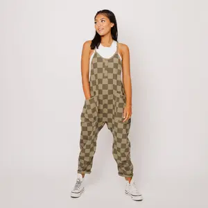 Women's Tank Romper - Olive Mono Check