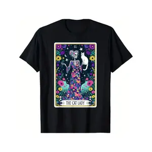 Graphic Tees [Fast Arrival] Skeleton Cat Lady Tarot Card Animal White Cat Mom T-Shirt for Men Women Breathable Comfort