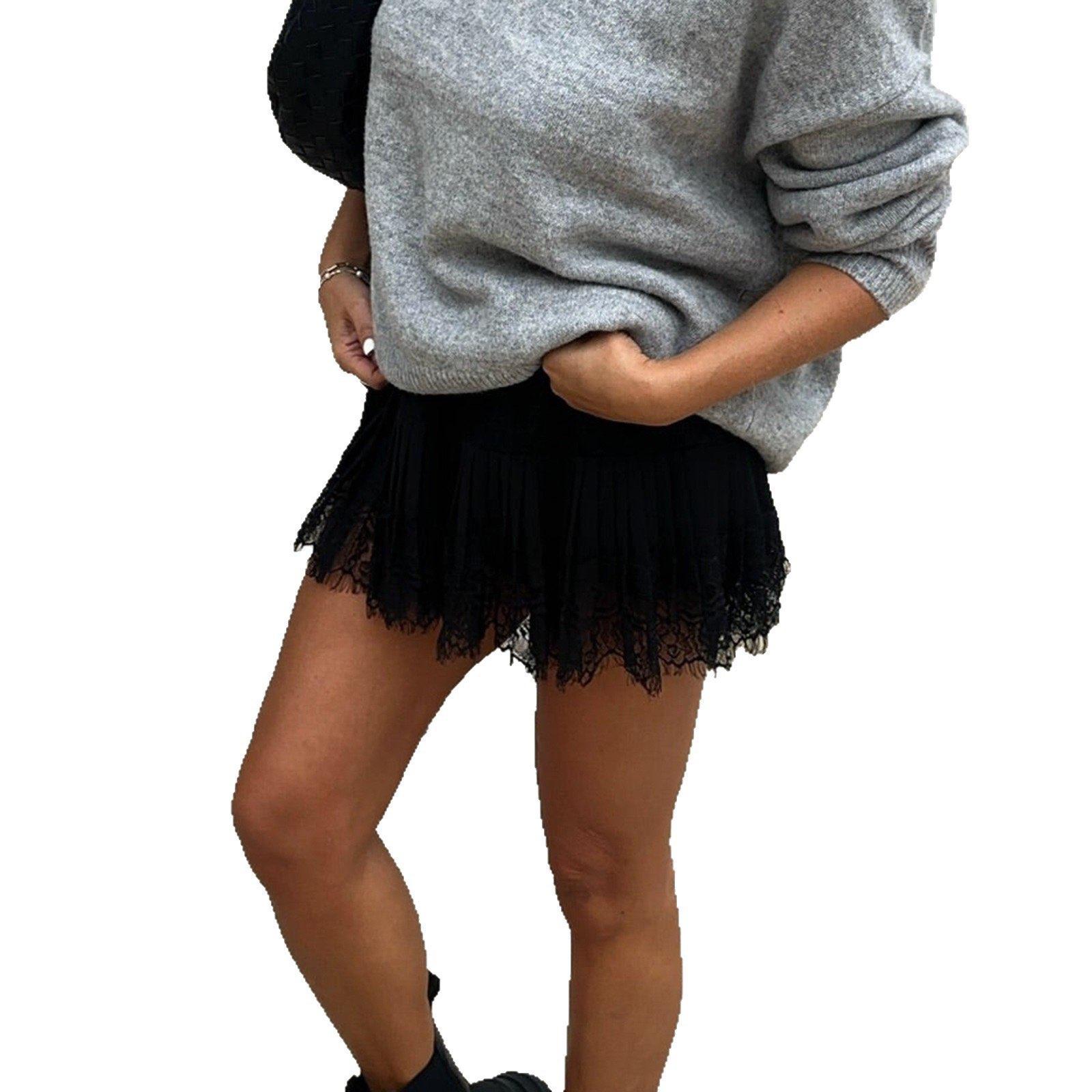 Women's Lace Mini Skirts Casual Low Waist Solid Color Loose Fit Pleated Skirts Summer A-line Skirts