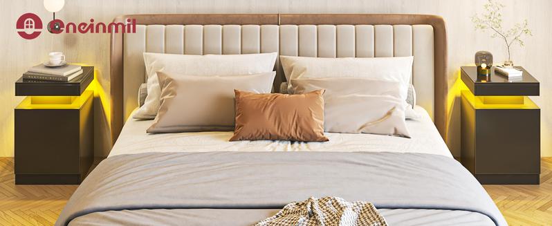 Oneinmil Nightstand Set of 2 with LED Lights Black Finish Night Stand with Storage Cabinet for Bedroom Bedside Table Soft Glow for Cozy Ambiance