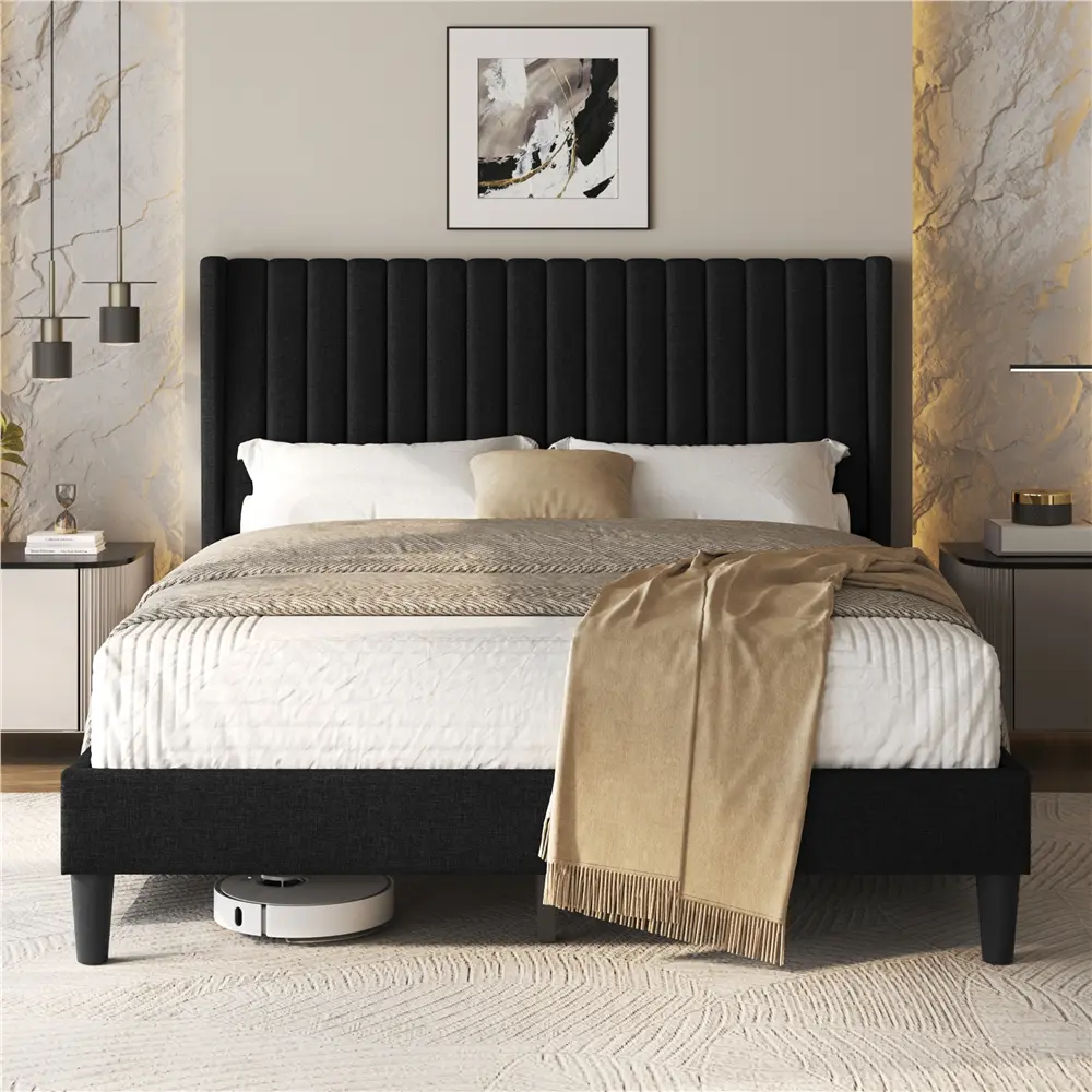【Back To School】Costoffs Linen Fabric Upholstered Bed Frame Queen with Wood Slat Ventilation 6" Under-Bed Space Easy Assembly, Upholstered Platform Bed, Sturdy Bed Frame