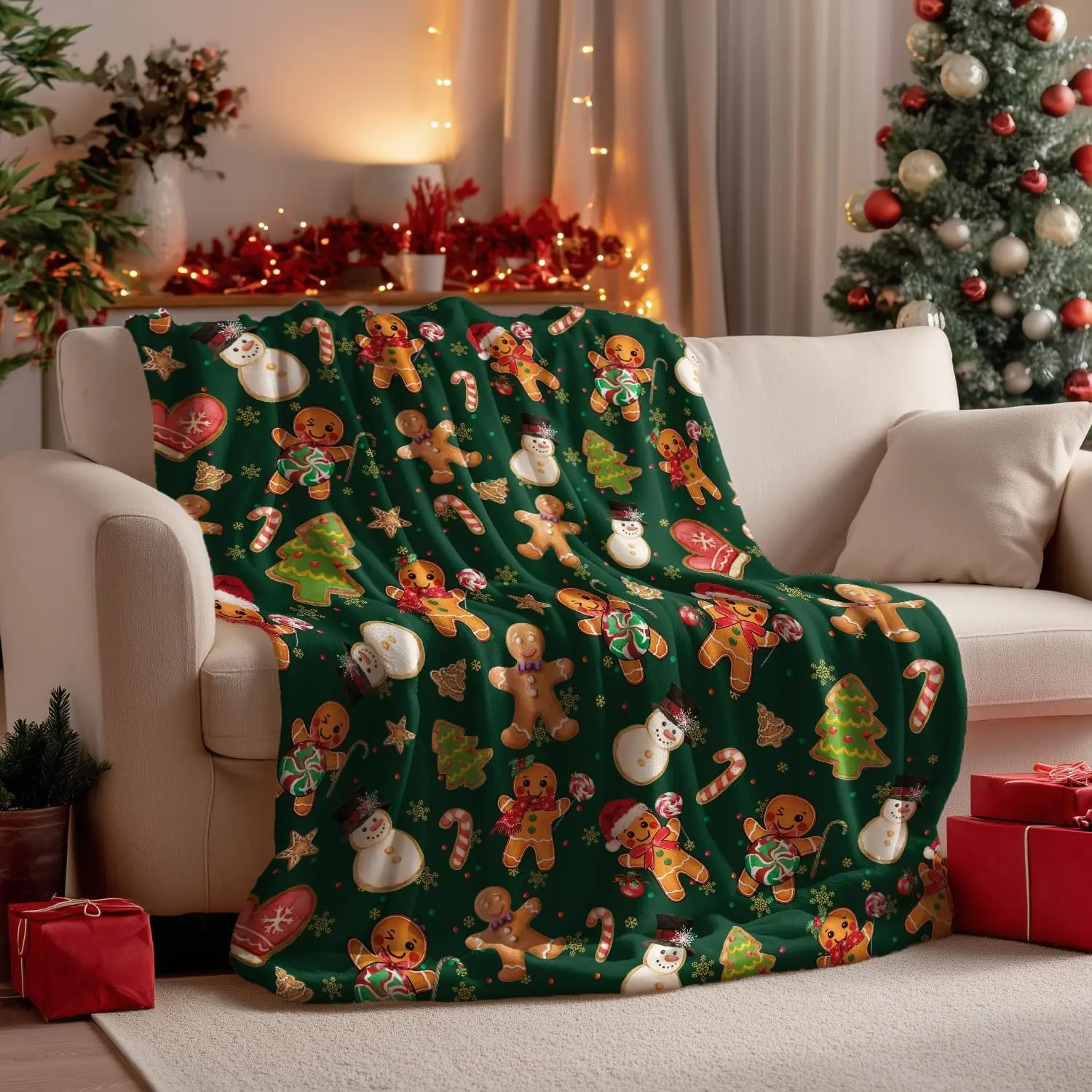 Christmas Fluffy Fleece Blanket Throw - Green Gingerbread Man & Christmas Bear Design, Soft Cozy for Couch Sofa, Ideal Gift for Adults, 50x60in