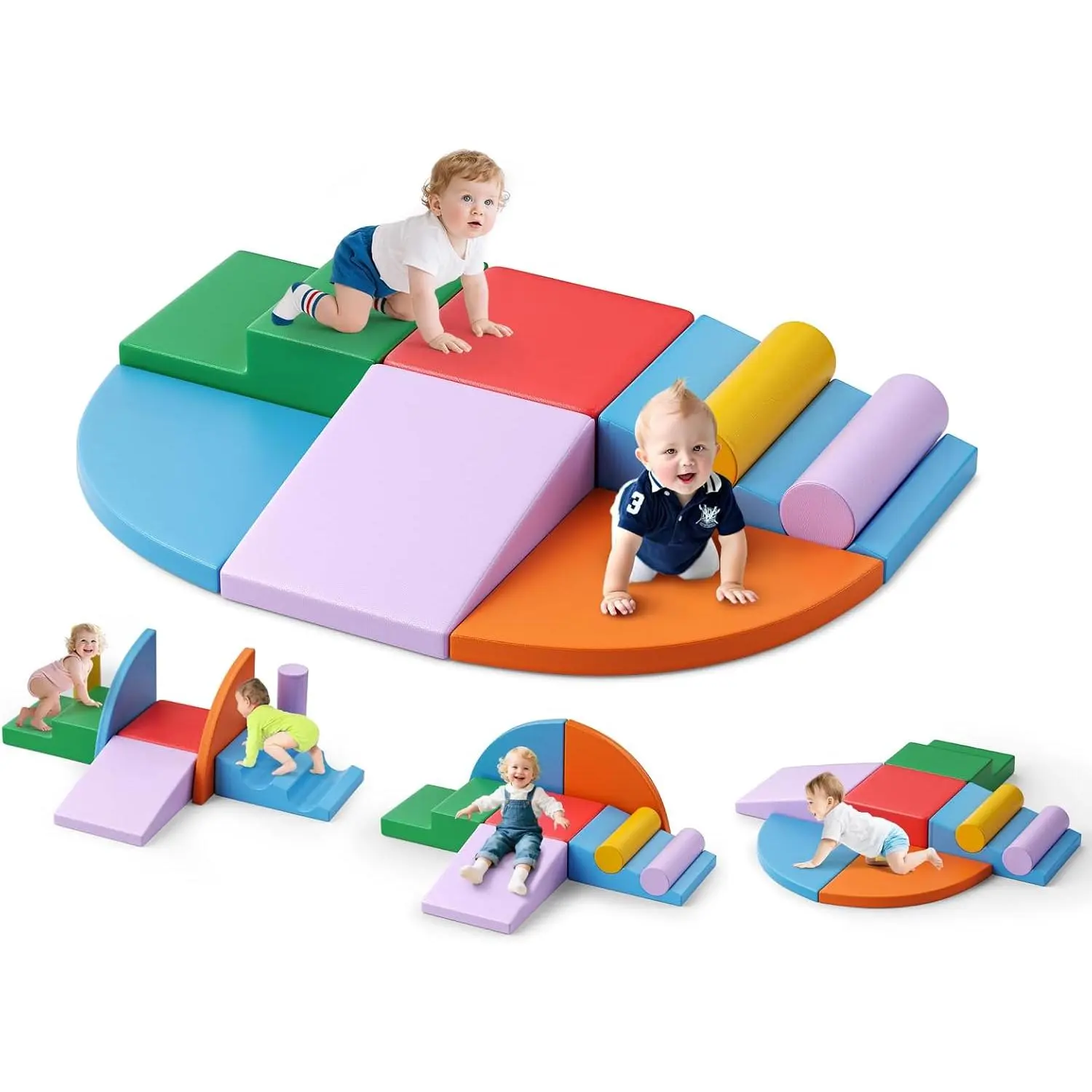 8pcs PVC-Free Foam Climbing Blocks for Toddlers 1-3, Waterproof Cartoon Theme Colorful Shapes Soft Play Set with Crawling Exploration Toys, Indoor Baby Gym Safe Blocks, Unisex