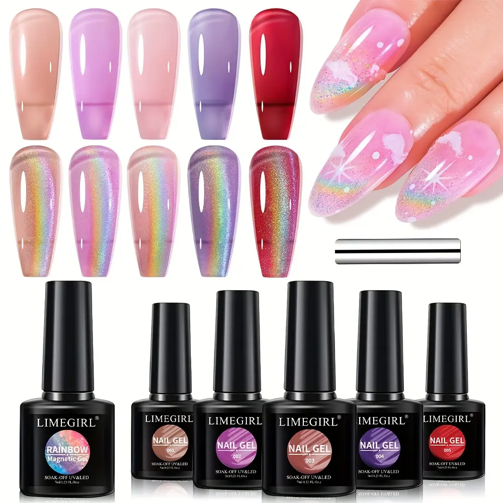 Reflective Cat Eye Gel Nail Polish Set, 7-Piece Kit with 6Holographic Rainbow Colors & Magnet, 7ml UV/LED Soak Off Gel for Home Salon Nail Art, Bottle, Magnetic, Casual, Diy Nails At Home